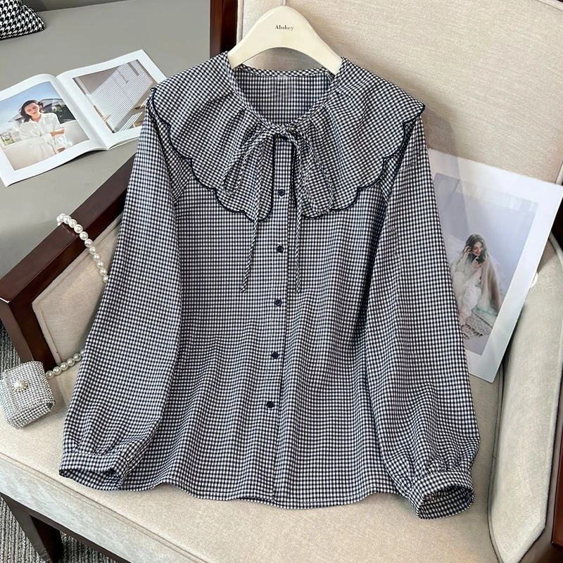 Women\'s Fashion Vintage Plaid Ruffles Lace Up Shirt Sweet Chic O Neck Long Sleeve Blouse Spring Autumn Casual Loose Tops Blusas