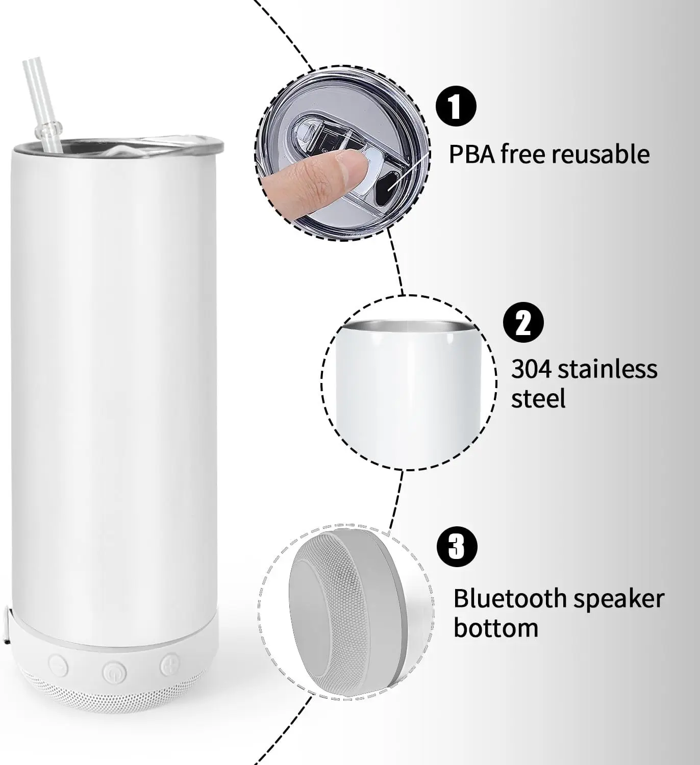 6 Pack Music Speaker Tumbler with Straw and Lid 20oz Sublimation Skinny Stainless Steel Double Wall Tumbler