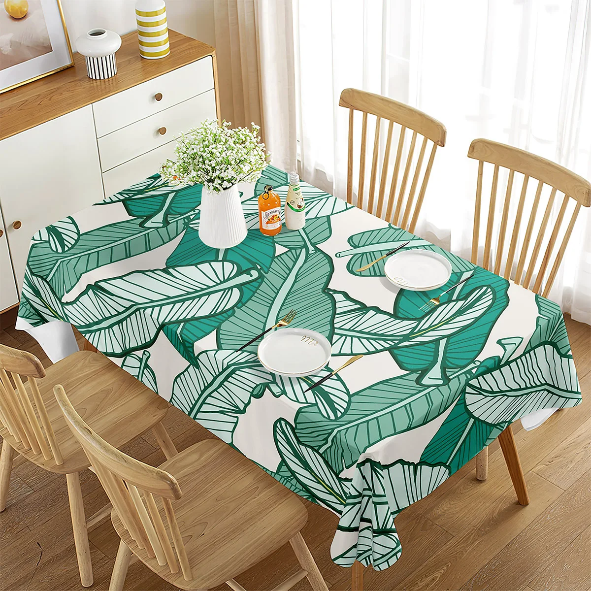 Tropical Palm Leaf Rectangle Tablecloth Holiday Party Decoration Waterproof Fabric Tablecloth Kitchen Dining Table Wedding Decor