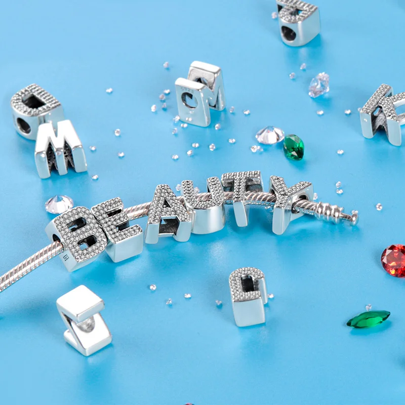 925 Sterling Silver 26 English Letters Charms Pendant Sparkling CZ Zircon Dangle For 3mm Bracelet DIY Birthday Jewelry Gift image 3