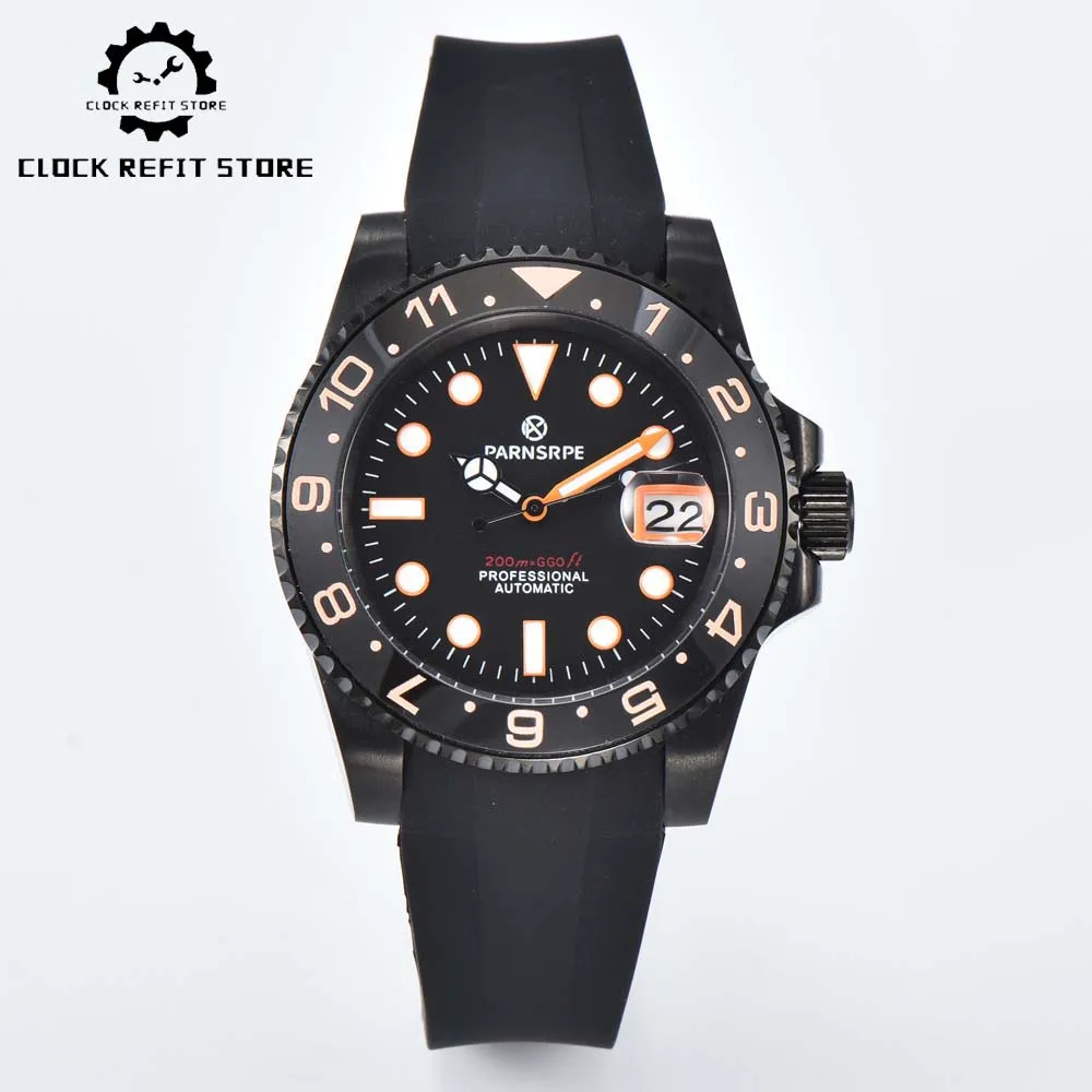 40mm Men's Automatic Mechanical Business Watch Sapphire Mirror PVD Plated Black Case Rubber Strap NH35 Movement