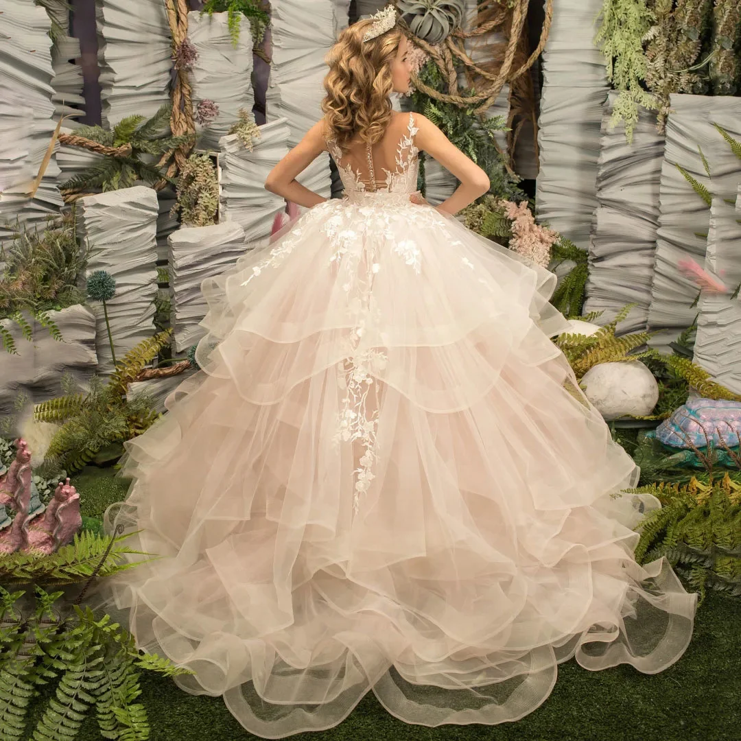 

Customized Light Pink Flower Girl Dress Tulle Appliques Tiered Sleeveless For Wedding Birthday Prom Party Banquet Princess Gown