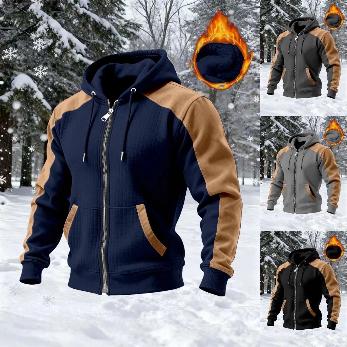 

New winter and autumn men's double-layered insulated thick hooded coat,Comfortable cardigan with zipper closure jacket