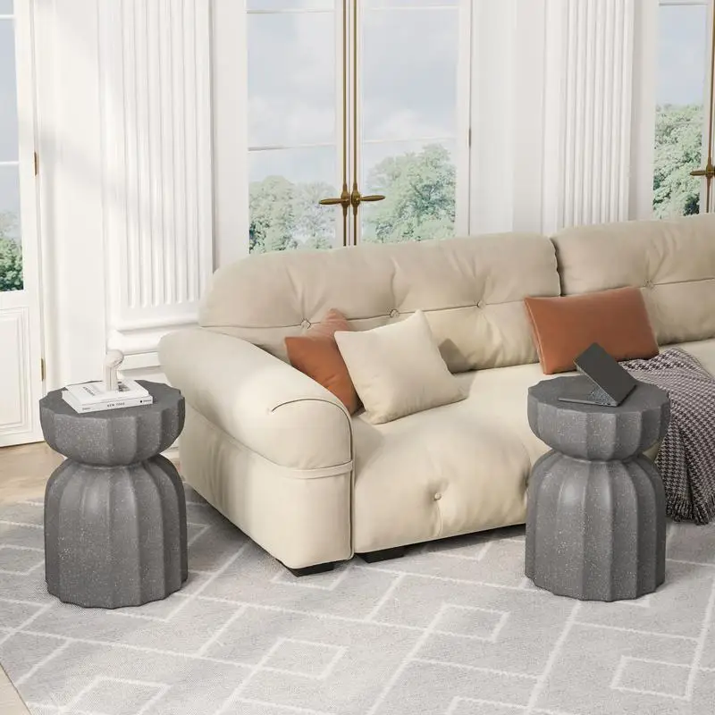 طقم طاولة قهوة وجانبية مقاومة للماء مقاس 13 بوصة، أسمنت MgO متين، مثالي للفناء والحديقة والفناء الخلفي وغرفة المعيشة، رمادي، قطعتان،