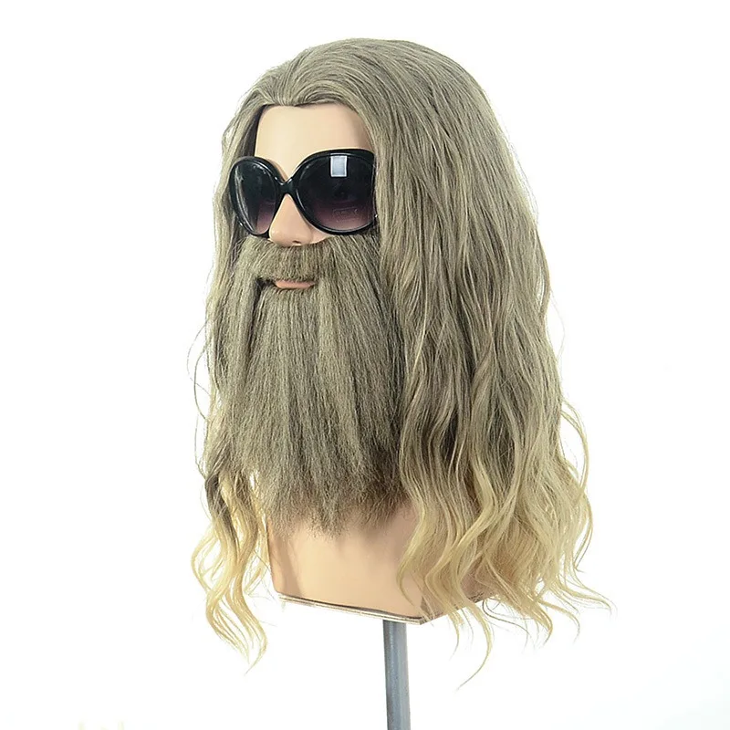 Peluca rizada larga y esponjosa resistente al calor con barba para hombres, cabello de cosplay de superhéroe marrón rubio, peluca LARP sintética de lujo para Halloween