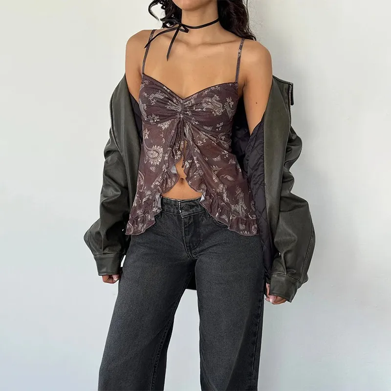 2025 Spring and Summer New Fashion Hot Girls Sling Printed Lotus Leaf Blade Top Women's Niche Design Vest