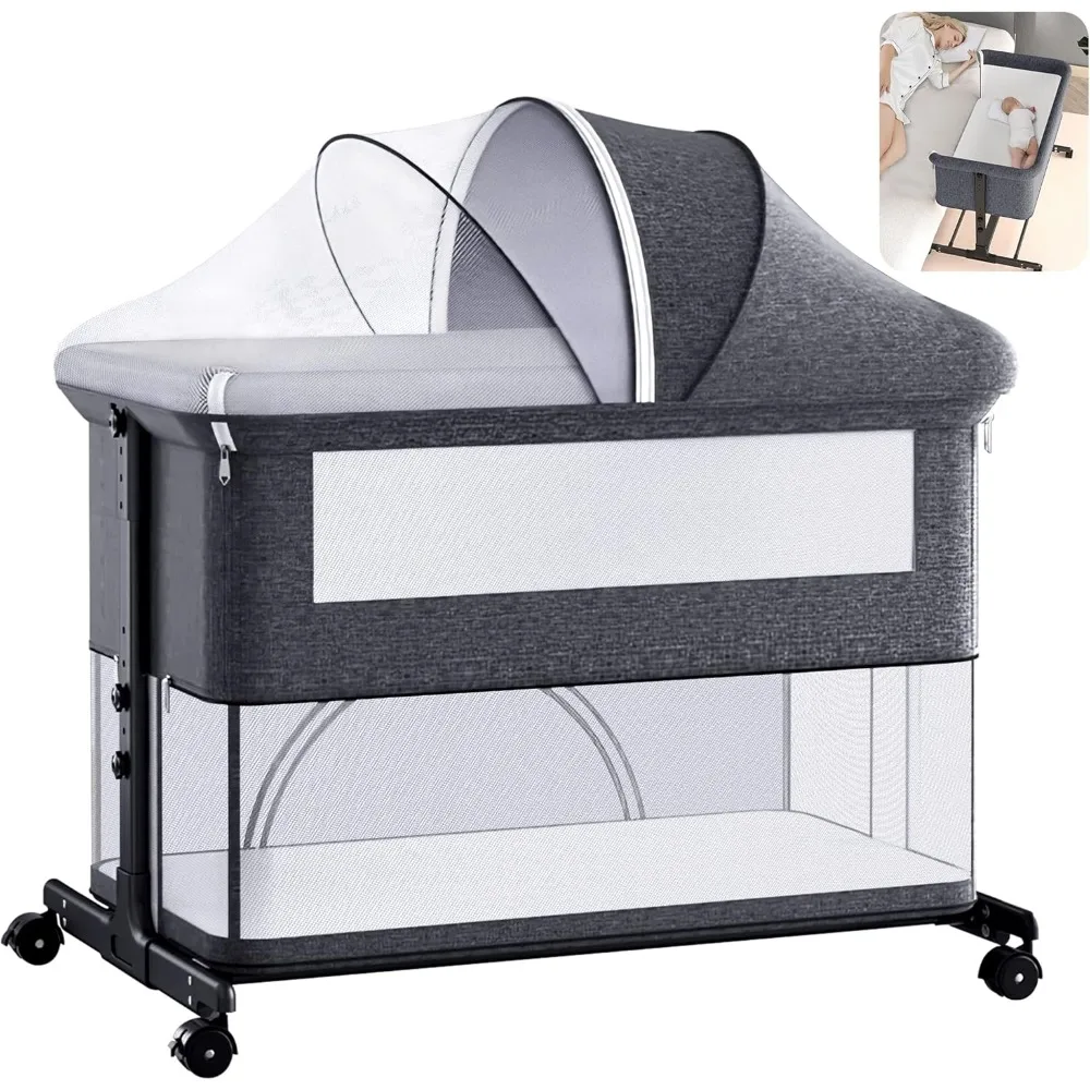 Baby Crib 2 in 1 Bedside Crib Baby Playpen Adjustable Height Rotatable Wheels Cozy Mattress Mosquito for Newborn Baby Infants