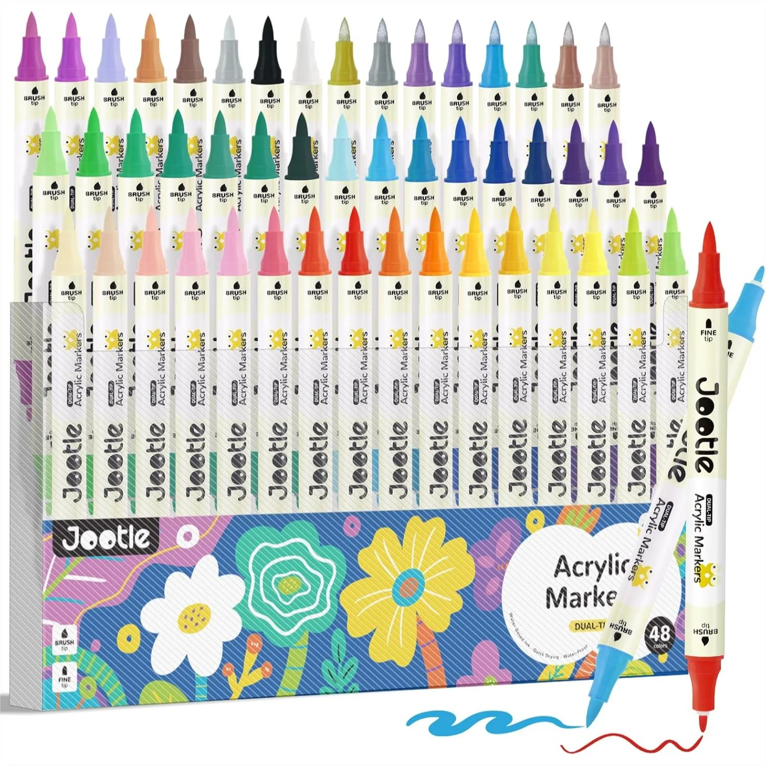 

48 Colors Dual-Tip Acrylic Paint Markers with 8 Metallic, Fine & Brush Tip Permanent Pens for Rock Painting Canvas Fabric Glass