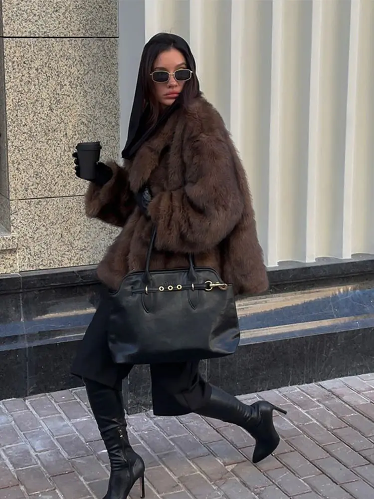 Winter Brown Lapel Loose Faux Fur Coat Fashion Fluffy Warm Thick Long Sleeve Overcoat 2024 Lady Street Style Furry Outerwear