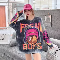 Cartoon Pattern Diamonds Sweater Women Pullovers Fashion Printed Autumn Winter Vintage Clothes Loose Casual Long Sleeve Hoodies