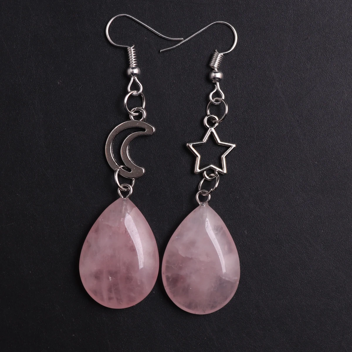 1Pair Bohemia  Dopamine Color Water Drop Natural Crystal Stone Rose Quartz Moon Sun Alloy Long Healing Earrings Jewelry