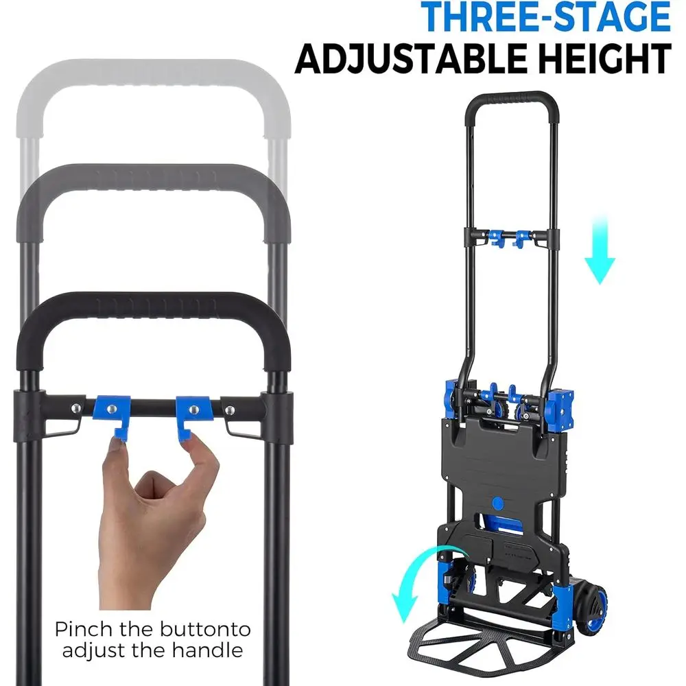 Caminhão manual dobrável resistente com capacidade de 330 lb, carrinho de bagagem 2 em 1 para casa, armazém e movimentos ao ar livre