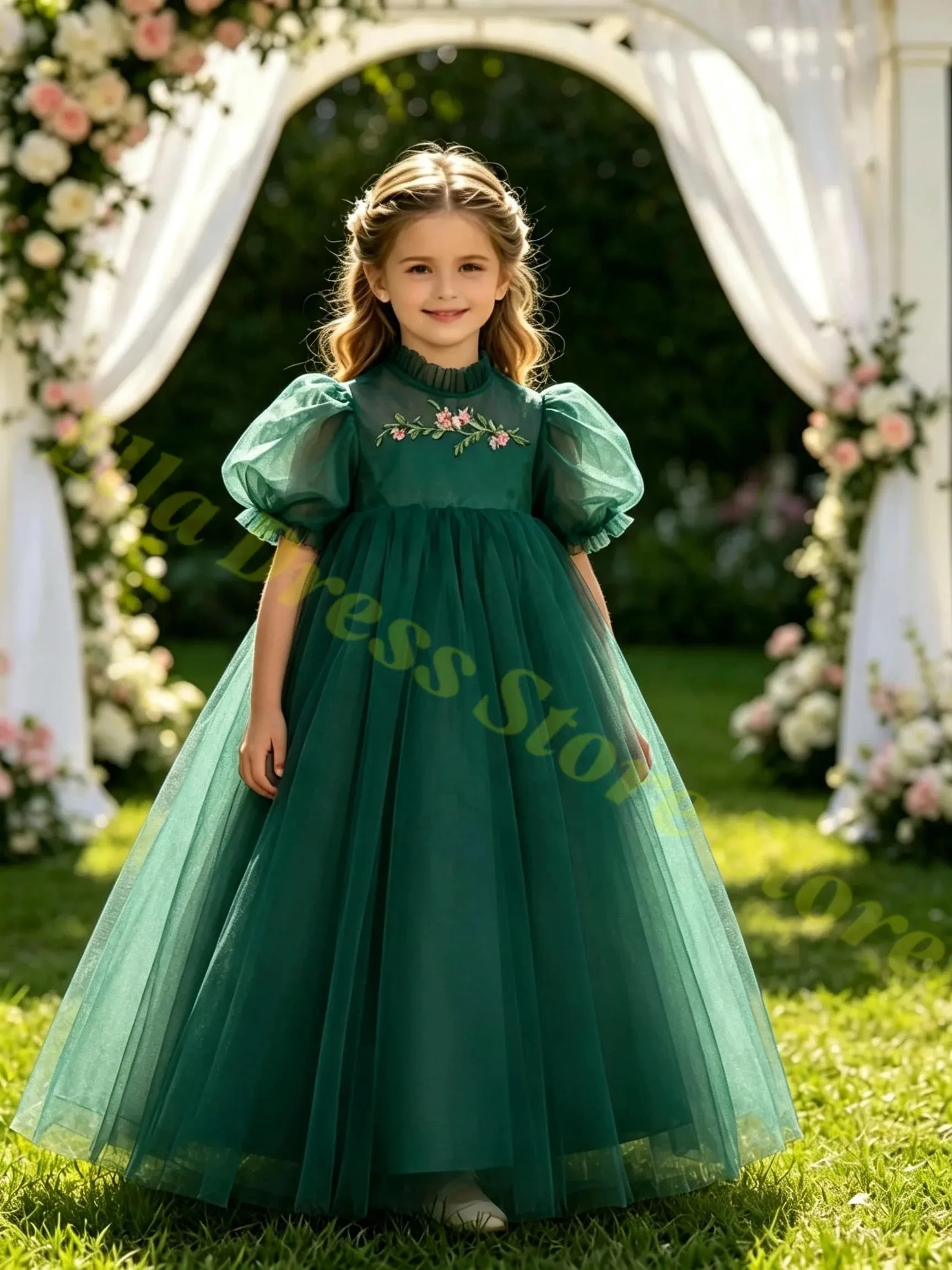 Mädchenkleid Weißes Tüll Flauschiges Exquisites Applikations-Blumenmädchenkleid für Hochzeit Geburtstagsfeier Kommunion Abendballkleider – Detail 6