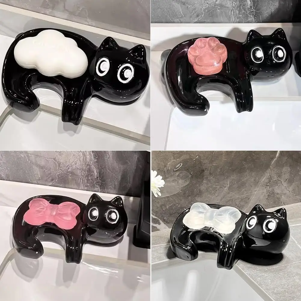 Cute Ceramic Soap Dish Cat Soap Holder Self-Draining Soap Sponge Box Drainable Soap Tray for Shower Bathroom Tub Kitchen Sink view 4