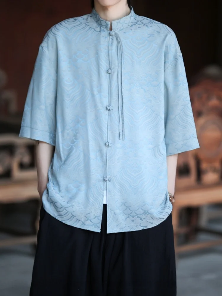 

Новая мужская рубашка из китайского ледяного шелка с коротким рукавом, летняя, тонкая, в стиле Тан, ретро, на пуговицах, модная, деловая.