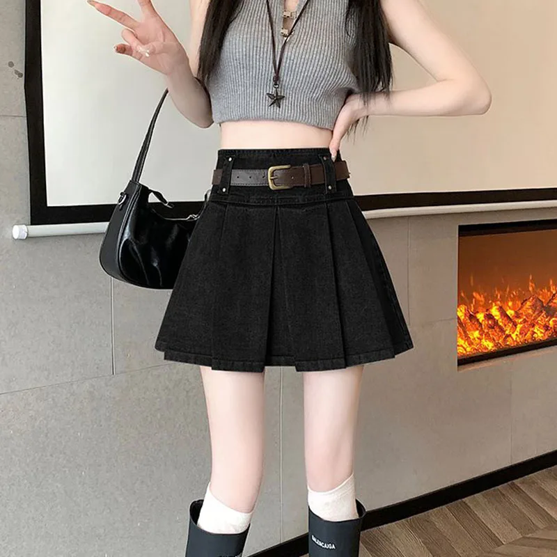 Vintage Belt Denim Mini Skirts Women Y2K High Waist Streetwear Pleated Jeans Skirts Female Summer Korean All Match A Line Skirts