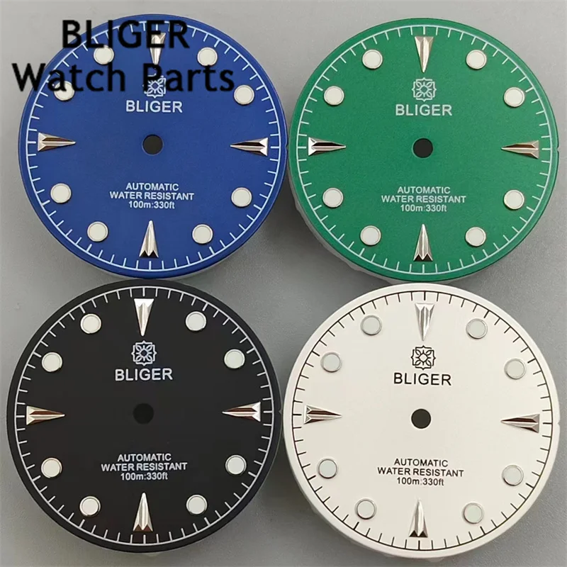 BLIGER 29mm Watch Dial Black Green Blue White Dial Green Luminous Fit NH35 NH36 ETA2824 2836 PT5000 Miyota Mingzhu DG Movement