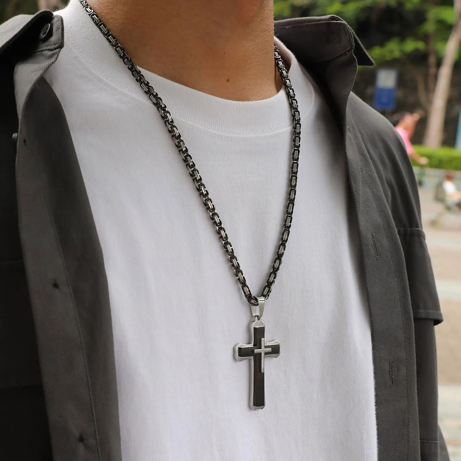 MP Heavy Cross Necklaces for Men Boys,Retro Byzantine Link Chain Necklace,Two Tones Pendant Necklace,Prayer Jewelry