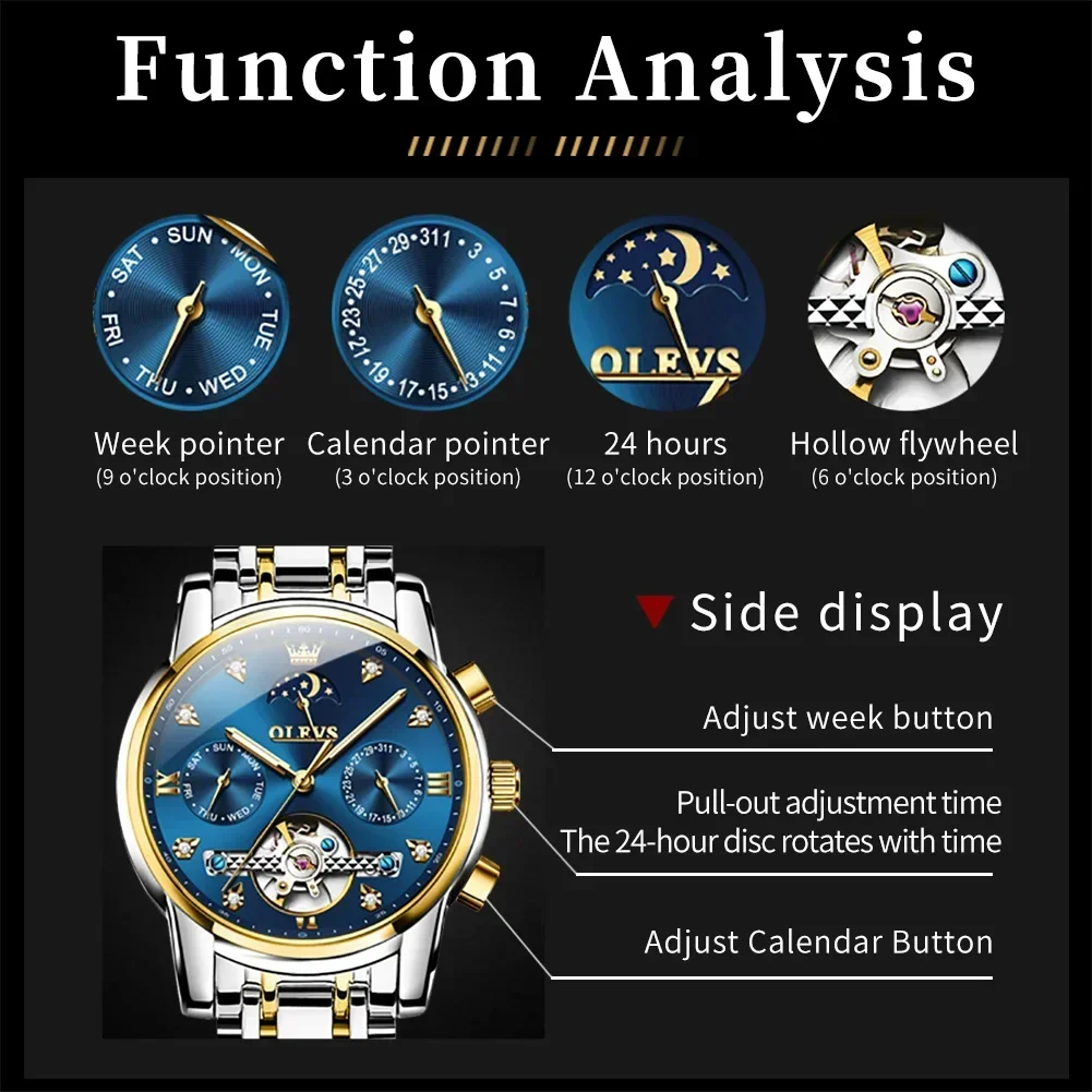 Olevs-男性用自動機械式時計、高級トゥールビヨン腕時計、日付週の月のフェーズ、中空アウトダイヤル、発光ビジネス時計