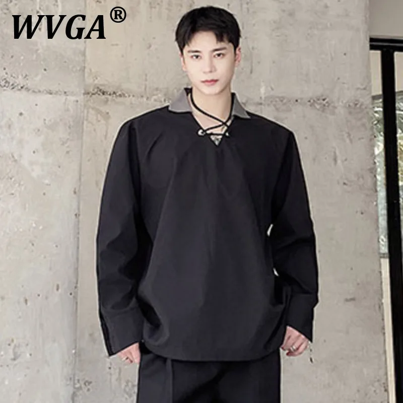 

WVGA Tops Spring Autumn New Man Tide Drawstring Tie Trendy Design Niche Chic Casual Long Sleeved Pullover Shirt Coats Ins W11525