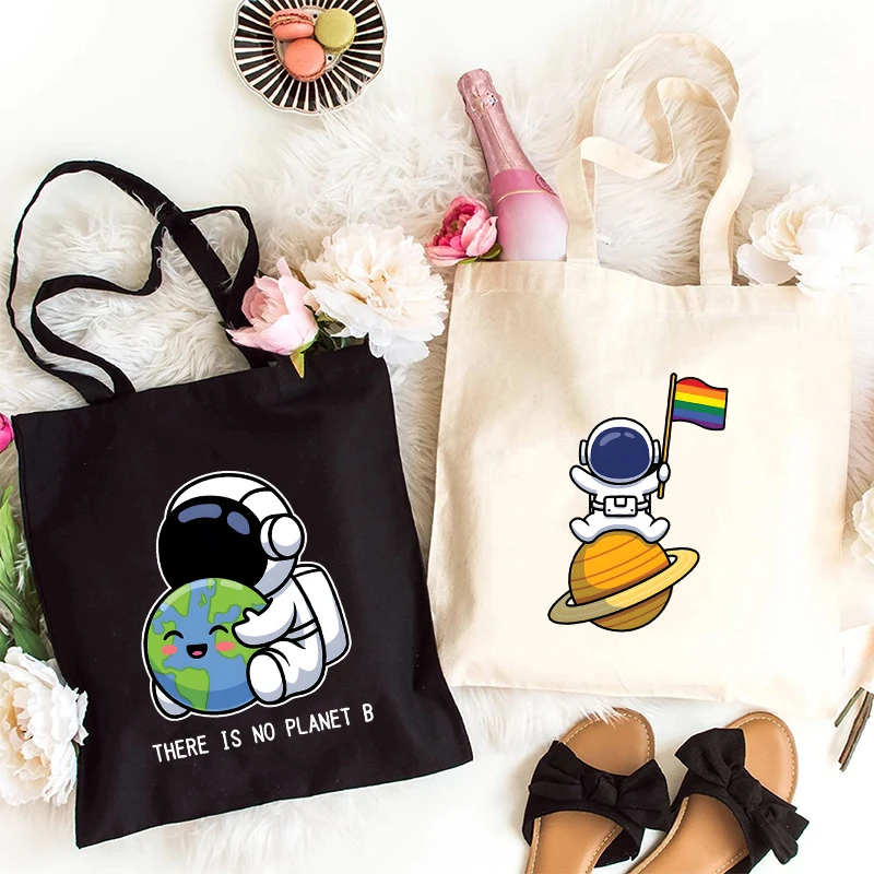 Bolsas de lona astronauta bonito, sacolas de compras adolescentes, série espacial engraçada, armazenamento gráfico, saco comprador reutilizável para estudante