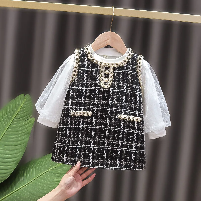 Baby Girl Tweed Plaid Dress primavera autunno nuovo senza maniche girocollo dolce ed elegante piccolo vento profumato ragazze abiti