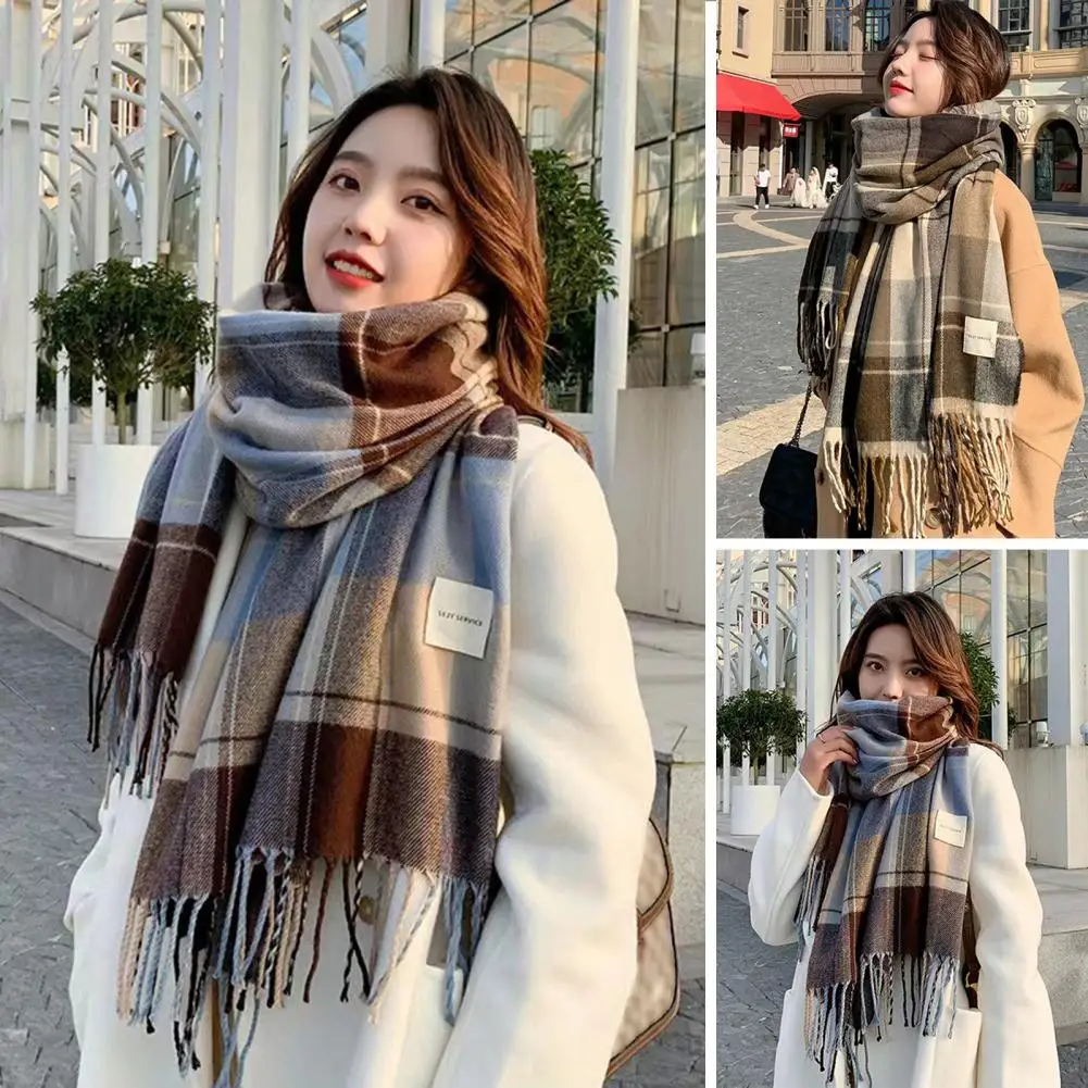 Women Winter Scarf Color Matching Tassel Wide Long Plaid Print Scarf Thick Sock Warm Windproof Lady Neck Wrap Shawl