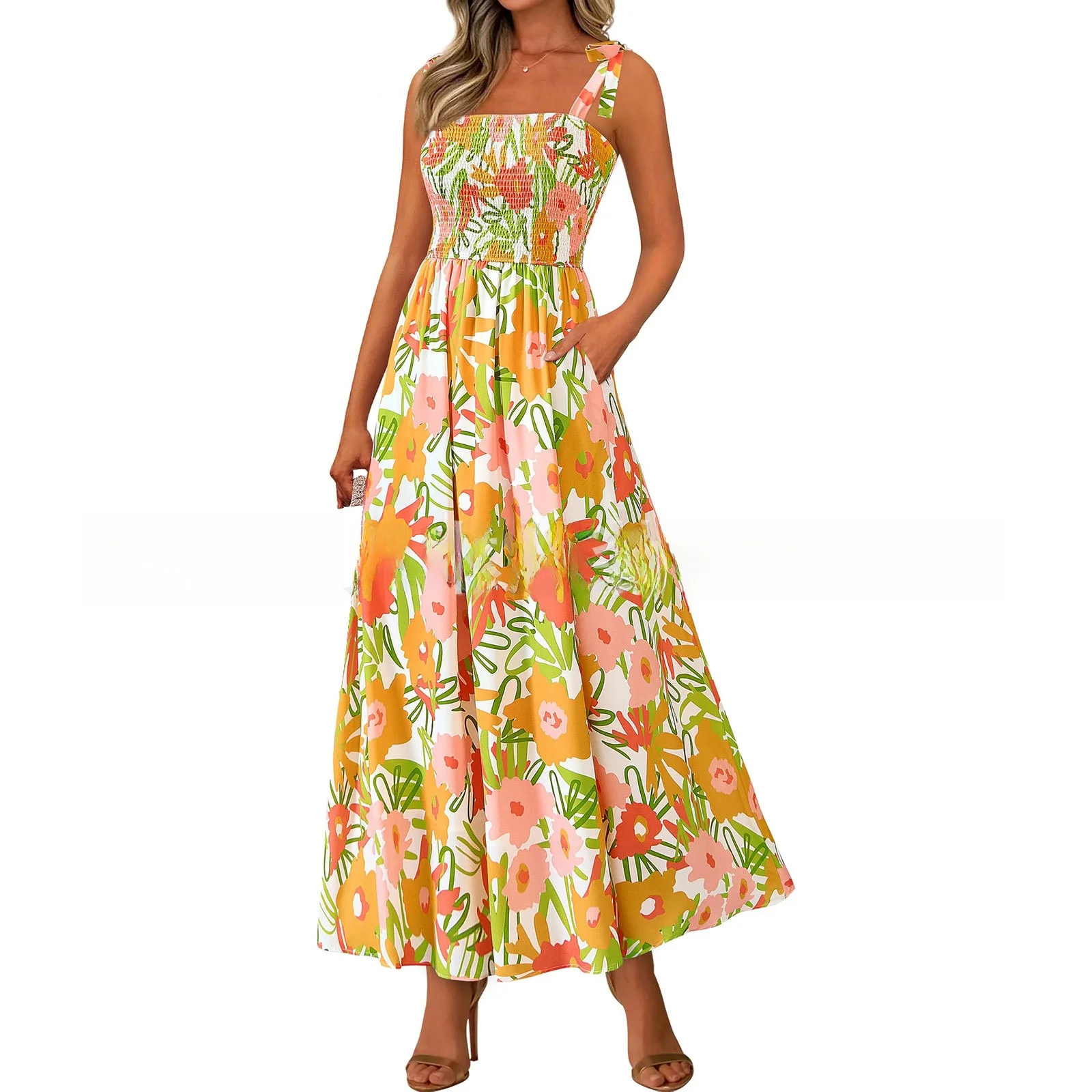 تنورة صيفية طويلة من Vaion Sle مطبوعة بعقدة دكتور وخصر متعدد الألوان للنساء بدون فستان Sve بكتف واحد #3