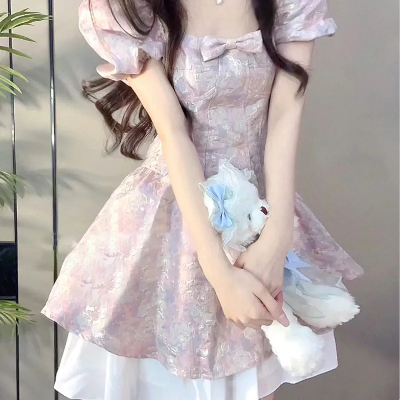 

Tea Break First Sweet Milk Puffy Fairy Dress Mori Girl Short Sleeve Floral for Women