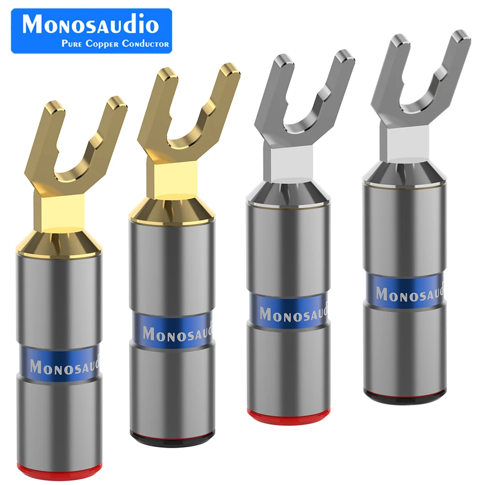 

4PCS Monosaudio S906 Pure Copper Gold Rhodium Speaker Y Spade Connector AMP Fork Speaker Plug Hifi Audio DIY Screw Lock