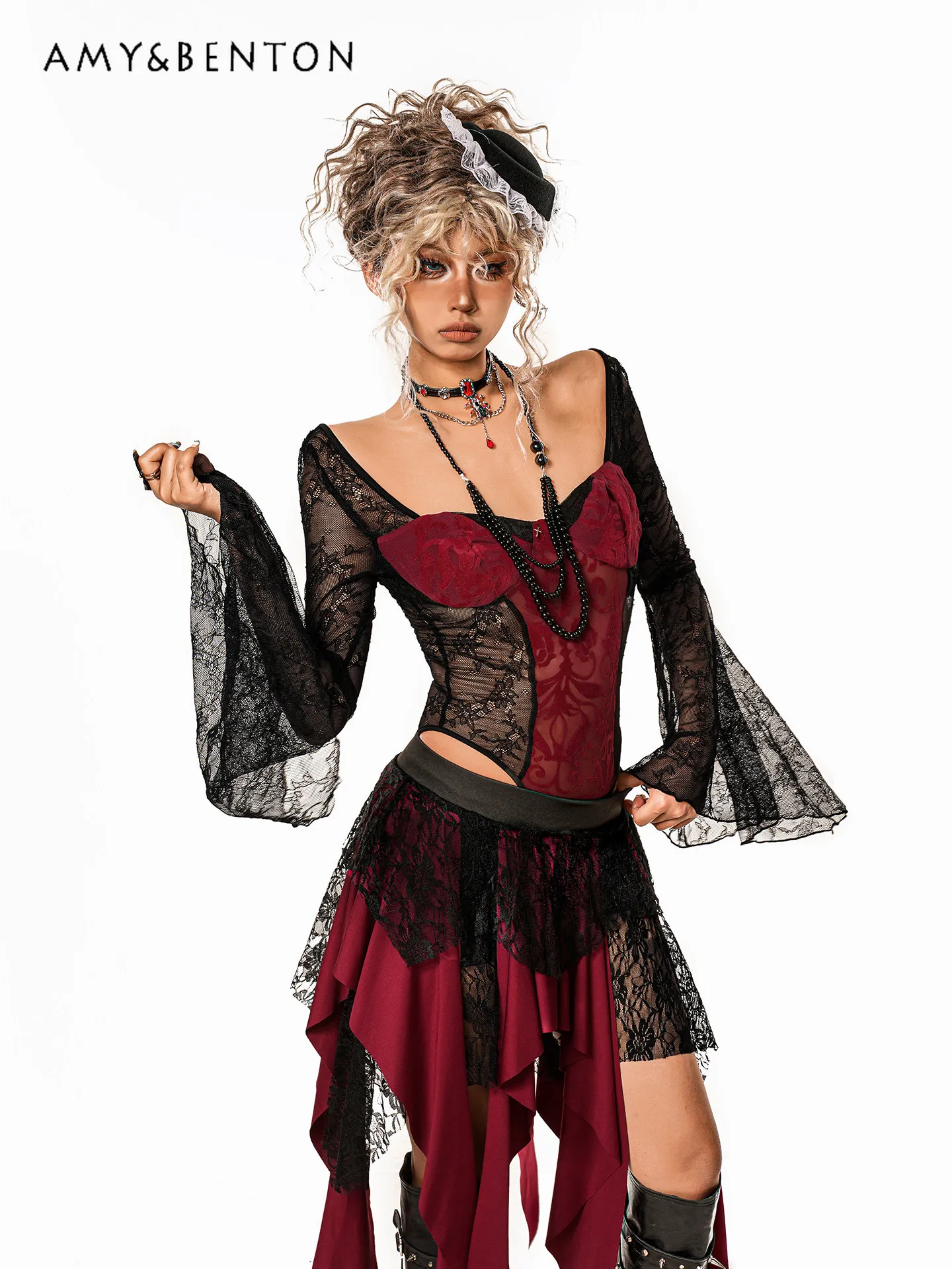 Summer American Gothic Y2K Slim Fit Black Red Flare Sleeve T-Shirt Vintage Lace Mesh Cutout Sexy Jumpsuits for Women