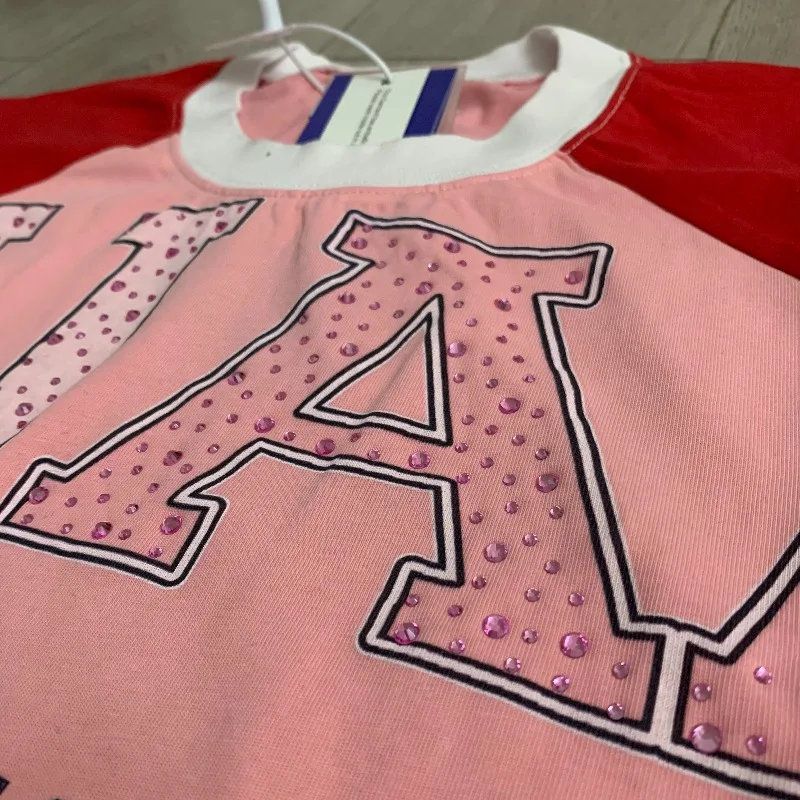 Red Pink Splicing DUAA T-Shirt Man Women Hot Drill Letter Print American Retro Oversized T Shirt