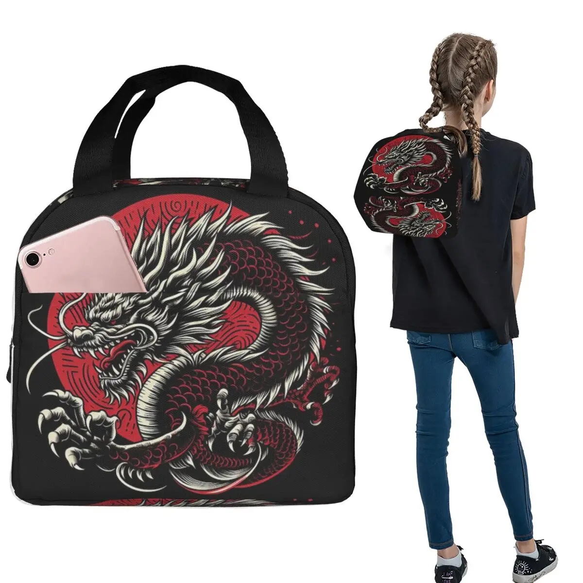 Dragon Red Moon Pattern Insulated Lunch Bag for Women Children Leakproof Food Boxes Thermal Lunch Box Tote