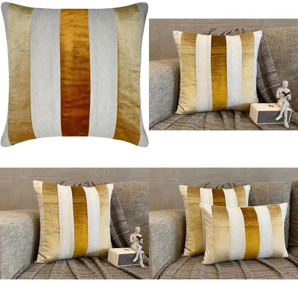 

Velvet and Linen Patchwork Pillow Covers, 20x20 Inch Throw Pillows for Sofa, Decorative Gold Pack of 2