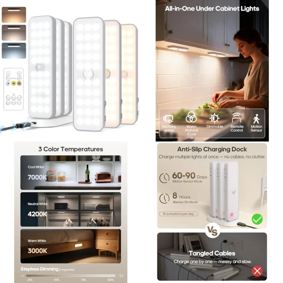 

Under Cabinet Lighting Wireless with Charging Station, Small 6'' Led Rechargeable Motion Sensor Light Indoor, 3CCT Dimmable Clo