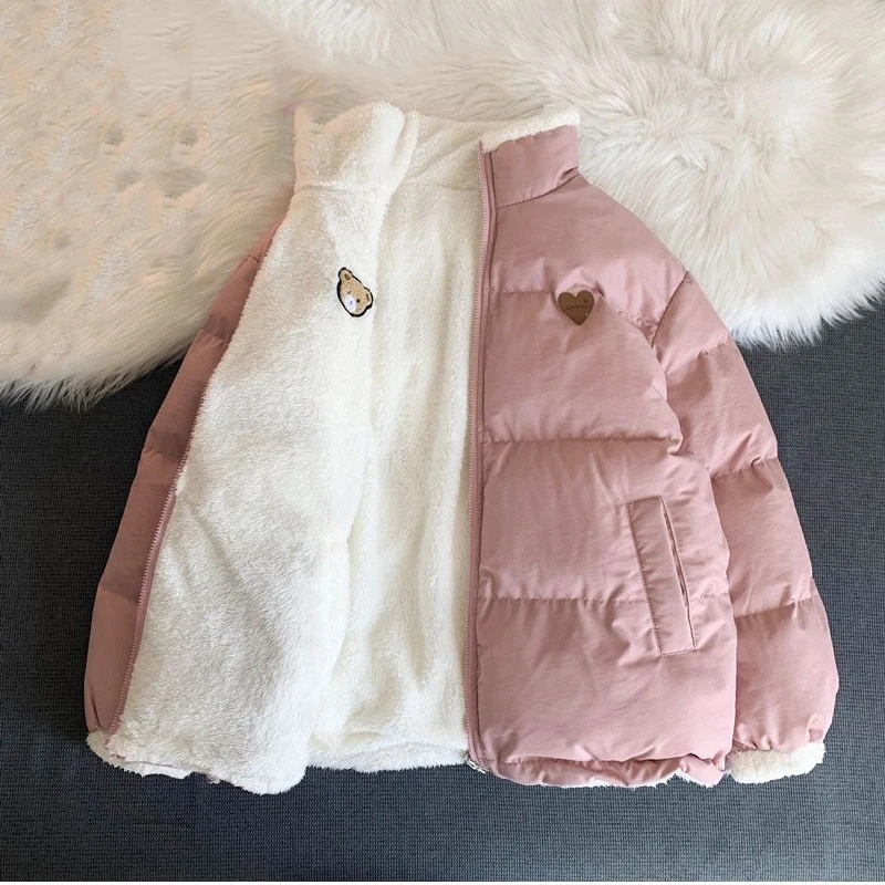 Gidyq Women Embroidery Parkas Winter Korean Fashion Cute Female Thick Warm Jacket Reversible Design Loose Student Coats New