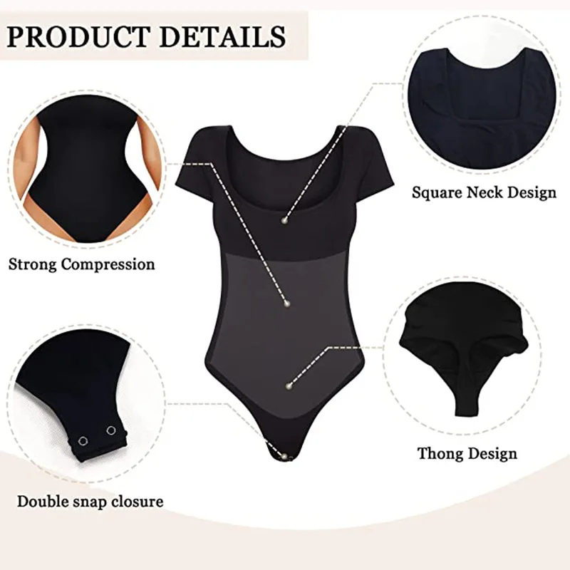 Summer Sexy Short Sleeve Ribbed Square Neck Thong Bodysuits Women Seamless Shaperwear Tummy Control Body Shapers Belly Sculpting