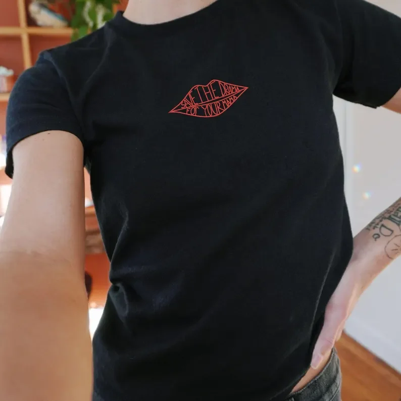 Save the Drama for your Mama Embroidered Baby Tee, Aesthetic Top Goth Punk Tee Retro 90's Baby Tee Vintage y2k Friends Top