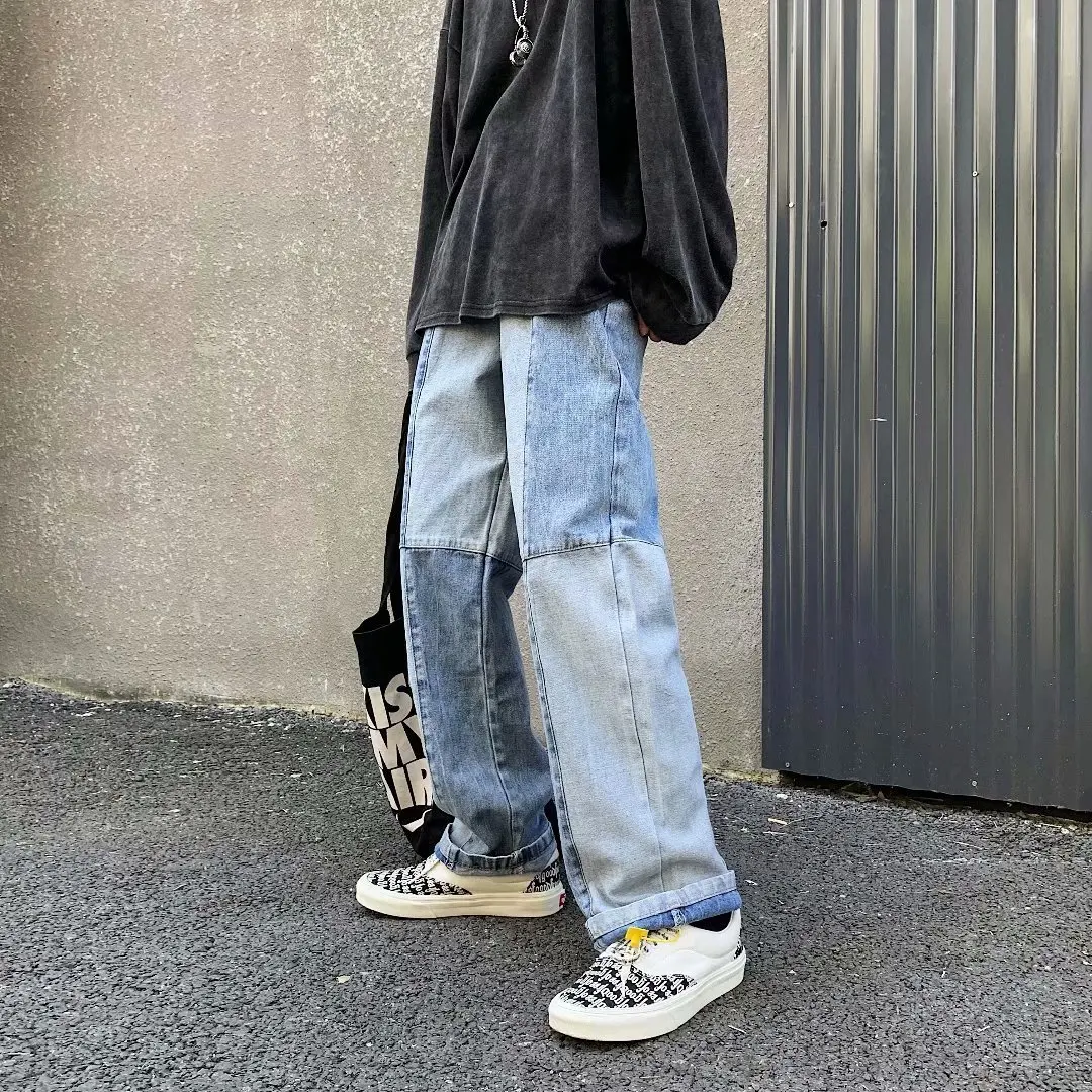 

2023 Popularity High Street Retro Hip Hop Fashion Blue Splice Cloth Straight Leg Baggy Men Denim Trousers Casual Wide Leg Jeans