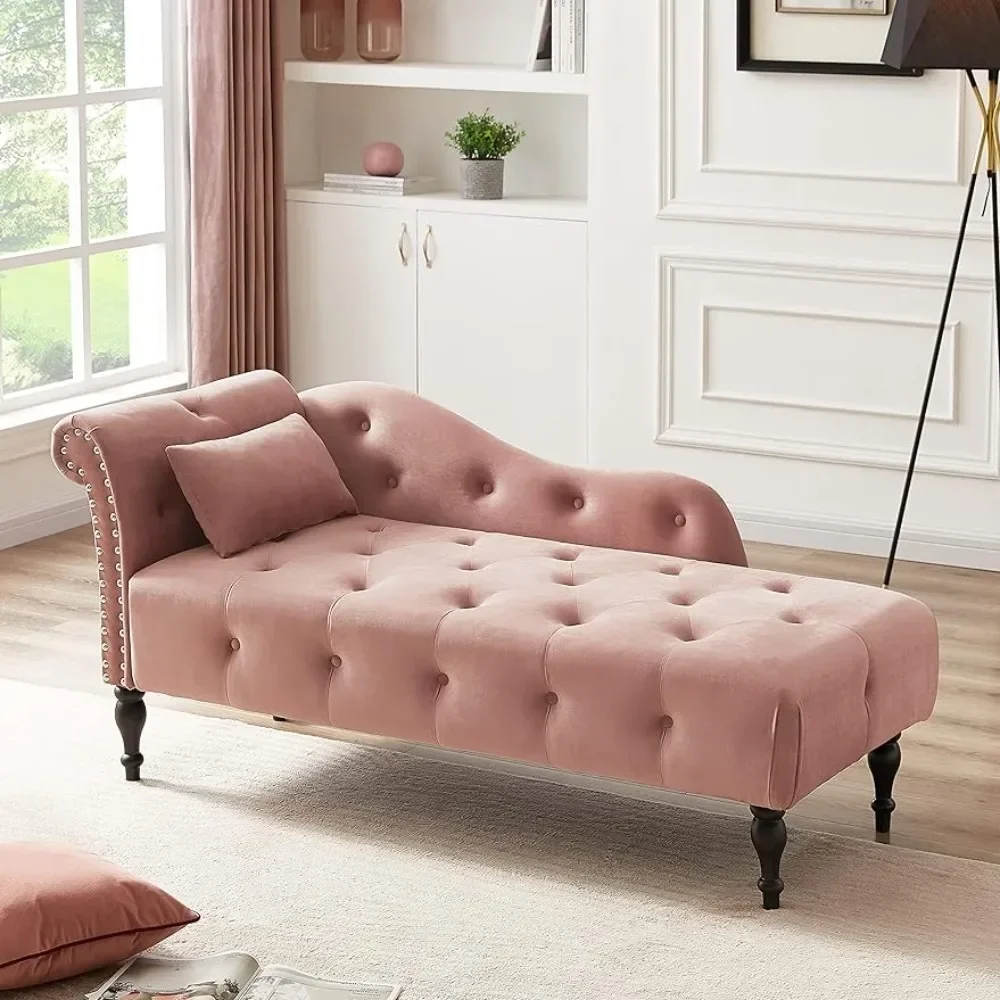 Chaise Lounge, interior de terciopelo moderno rosa, sofá de salón con diseño de brazo izquierdo, silla reclinable, patas de madera maciza con 1 almohada