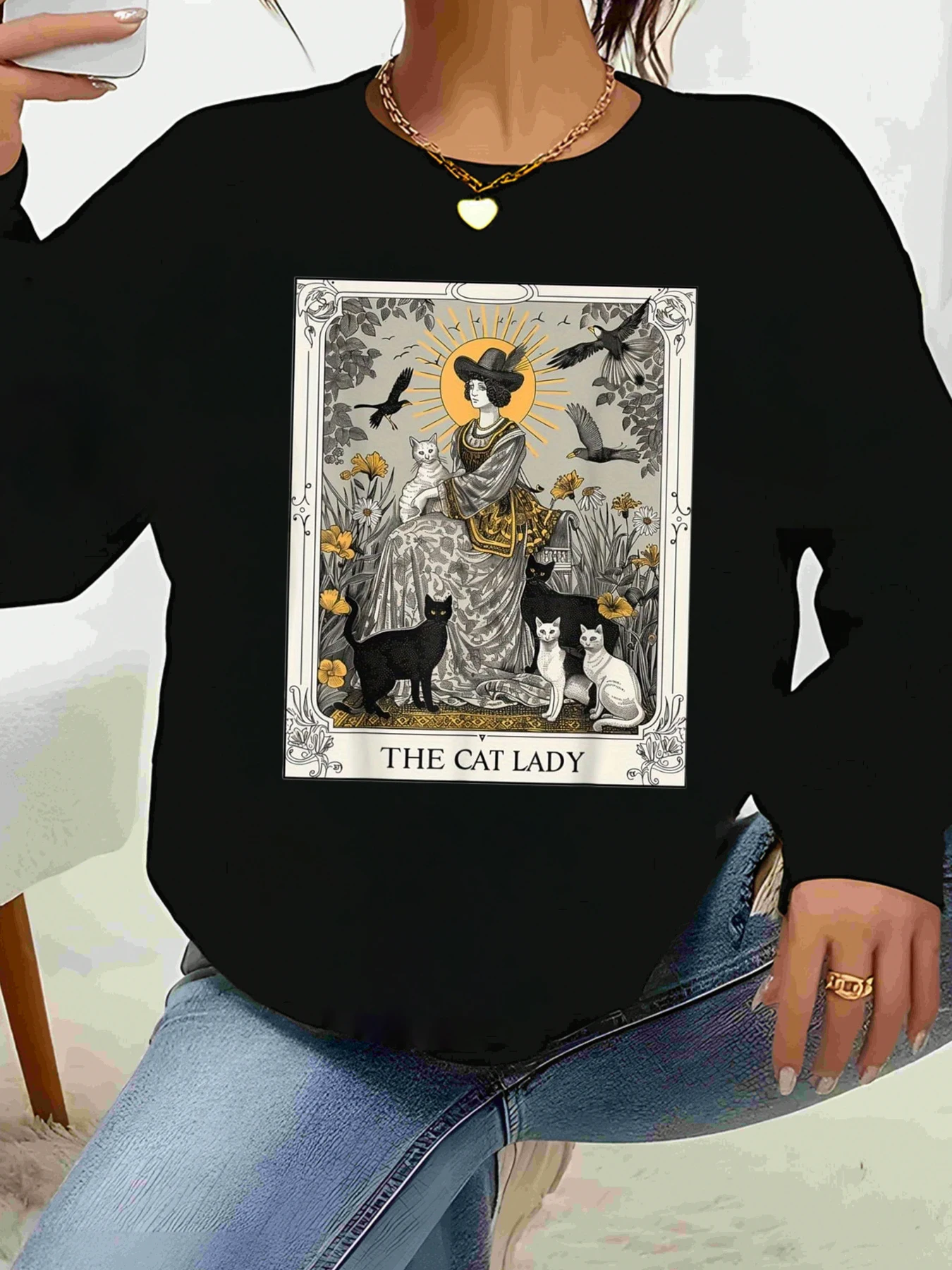 

Cat Lady Portrait Print Long Sleeve Sweater for Women Casual Wear Autumn Winter Fashion