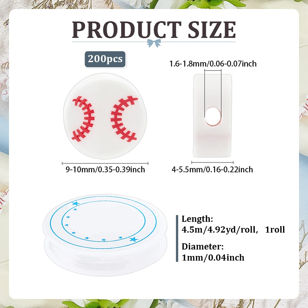 200Pcs Baseball Polymer Clay Beads Sports Loose Spacer Beads White 9x4mm with 4.5m Elastic String for DIY Craft Jewelry Kit