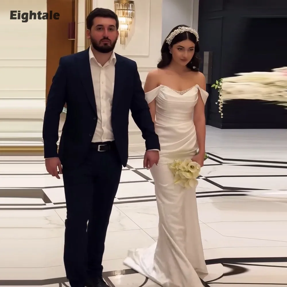 

Eightale Arabic Wedding Dresses off the Shoulder Customized Satin Pleats Ivory Mermaid Bridal Gowns Vestidos De Novia