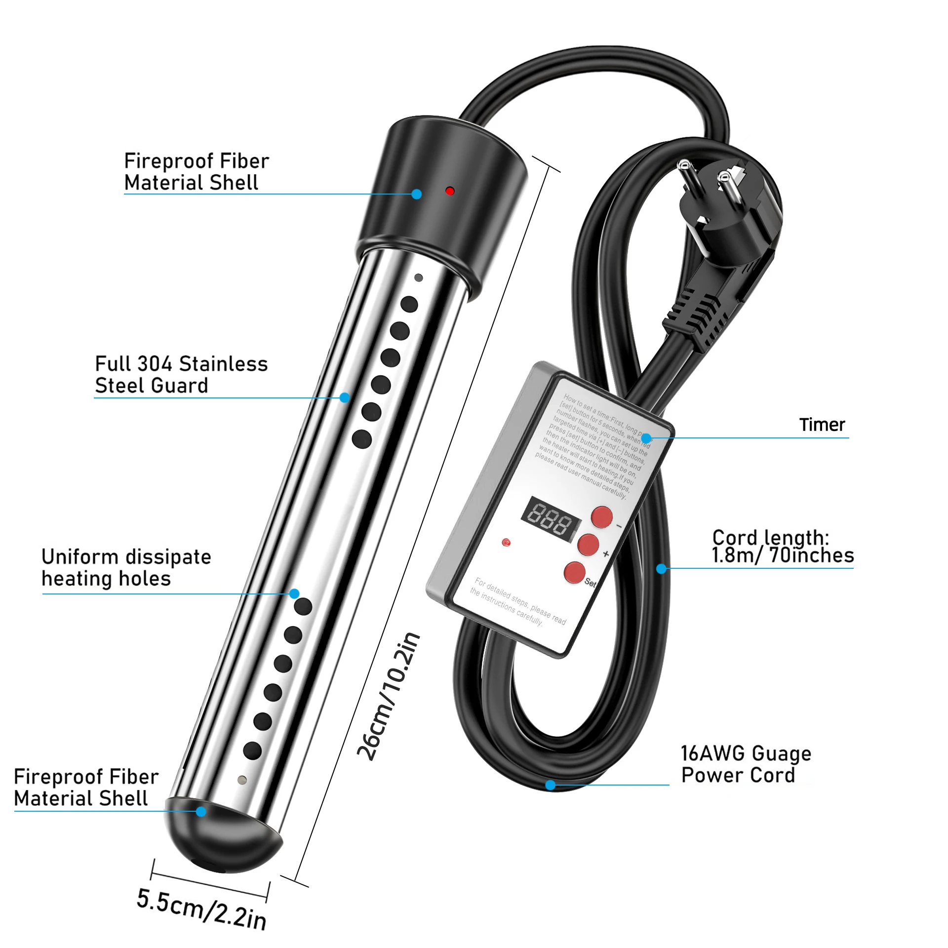 110V/220V Electric Heater Boiler Water Heating Rod Immersion Suspension Water Heater Bathroom Swimming Pool US/EU/UK/AU Plug