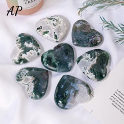1PC Natural Crystal Moss Agate Heart Shape Carving Healing Stone Green Moss Agate Love Statuette Home Decoration