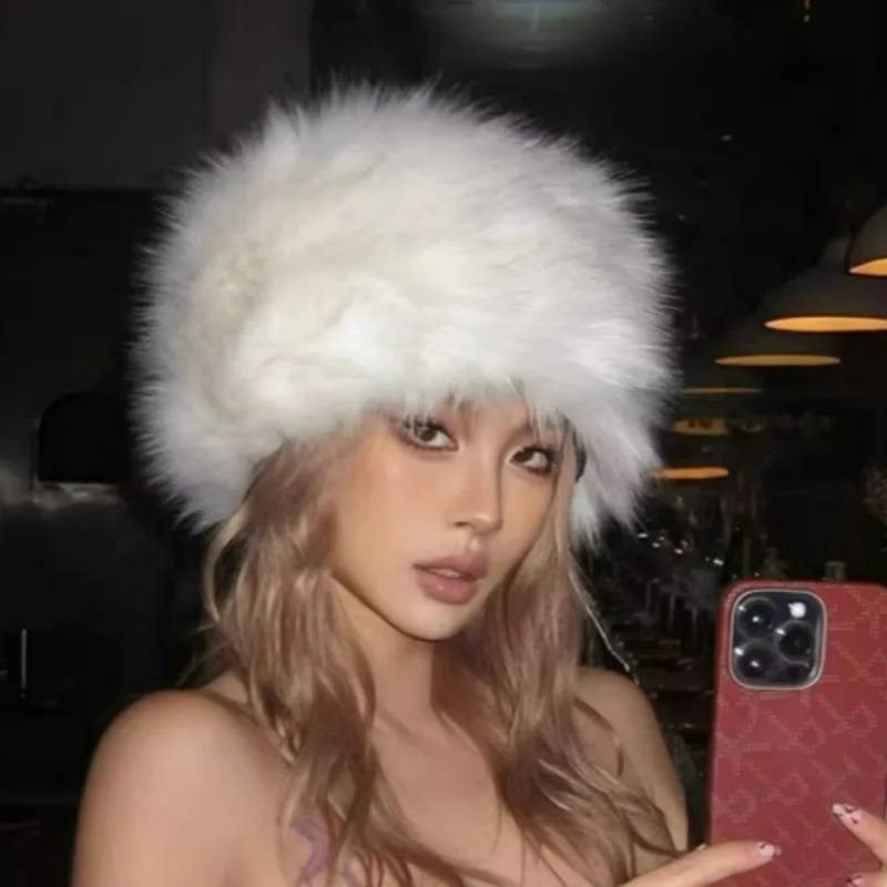 Winter Fashion Fluffy Fur Hat for Women Warm Ear Protection Snow Ski Cap Female Faux Fox Fur Headband Hat Windproof Russian Hat