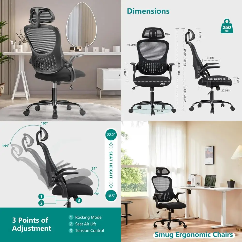 

Ergonomic Desk Chair with Lumbar Support, Mesh Gaming Chair on Wheels, Adjustable with Flip-up Armrests and Headrest
