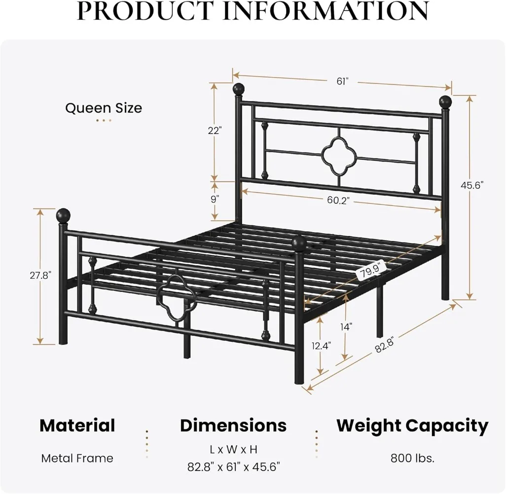 SHA CERLIN 14 Inches Queen Size Metal Platform Bed Frame/Vintage Iron-Art Headboard and Footboard/Mattress Foundation for