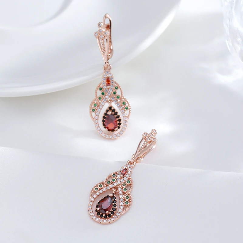 Kinel 2022 New 585 Rose Gold Color Drop Earrings for Women Crystal Flower Red Natural Zircon Earrings for Women Vintage Jewelry