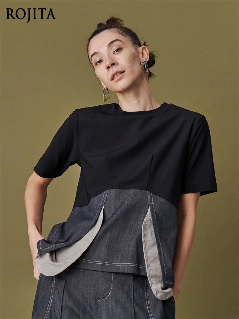 

Топ Y2K с асимметричным подолом, цветными блоками и вставками, круглый вырез, рукав до локтя, асимметричная футболка, женская эстетичная одежда, весна-лето